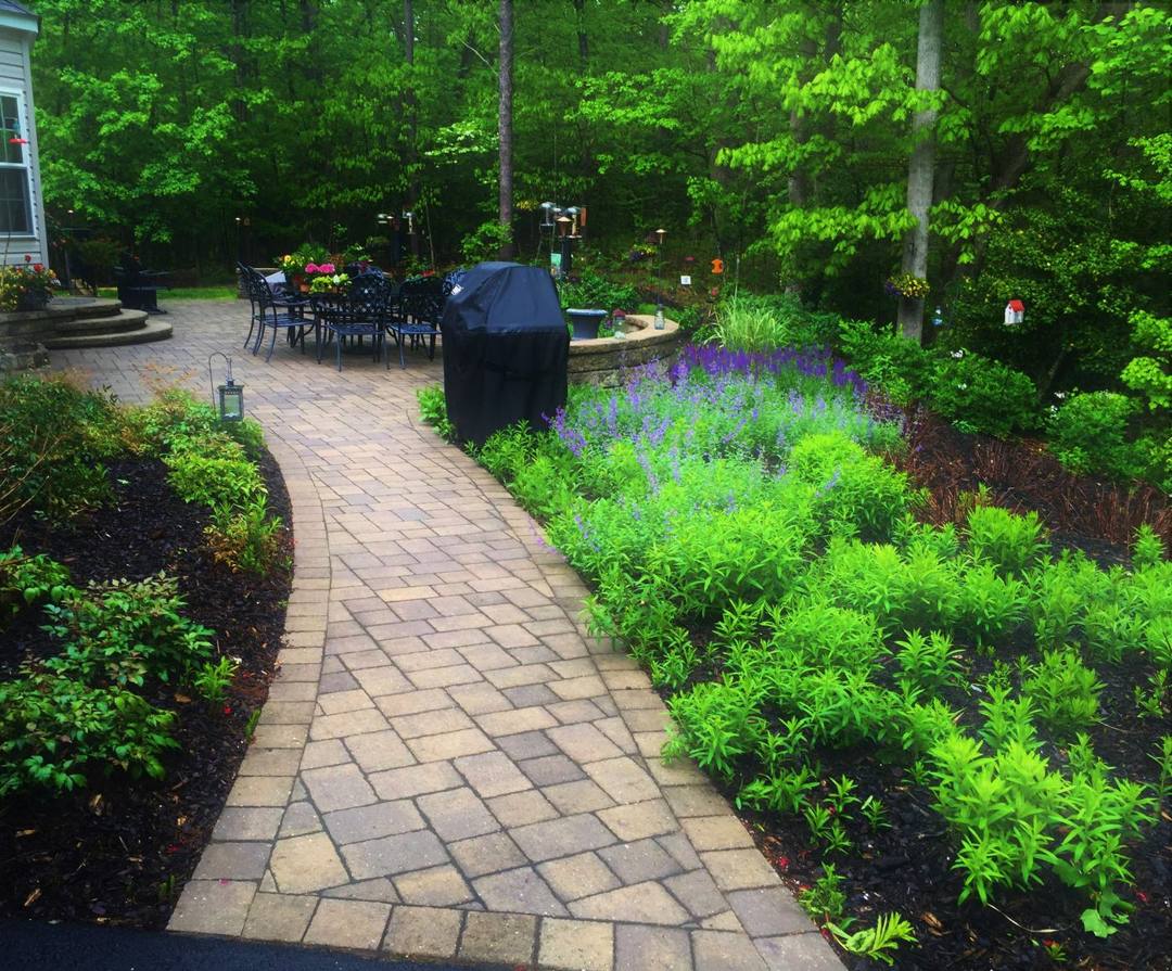 Paver walkway through lush garden beds to a backyard patio in Hollywood, MD